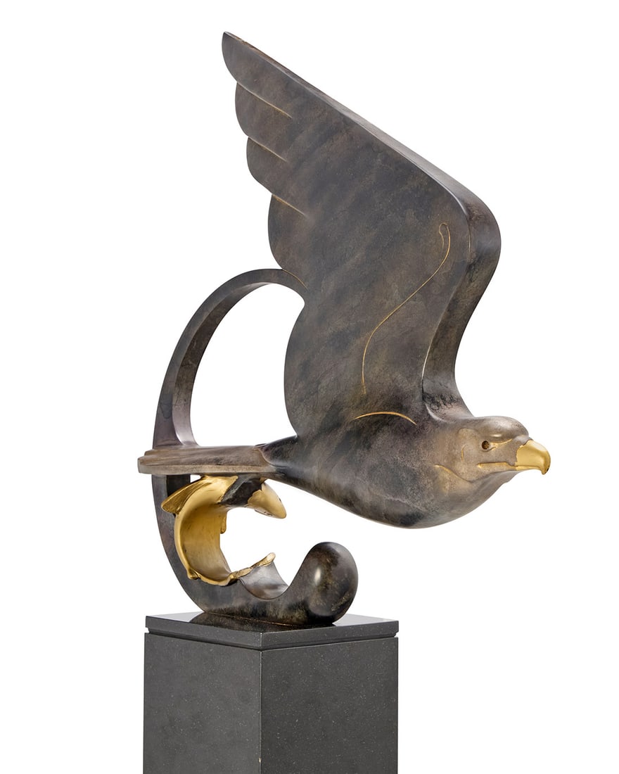 Tim Cherry (b. 1965), "Fish Hook," 2008: Tim Cherry (b. 1965) "Fish Hook," 2008 Patinated and polished bronze on stone plinth Edition: 9/18 Signed and numbered in the casting: © Cherry Modeled and cast in 2008 Bronze: 30.5" H x 27.5" W x