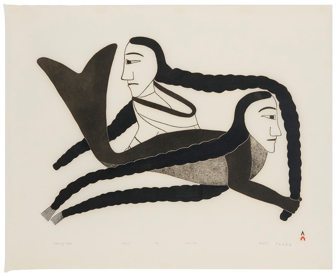 Kenojuak Ashevak (1927-2013), "Comparing Braids," 1993: Kenojuak Ashevak (1927-2013) "Comparing Braids," 1993 Stonecut in colors on rice paper Edition 4/50 Signed, titled, dated, numbered, and inscribed in pencil along the lower margin with Inuktitut