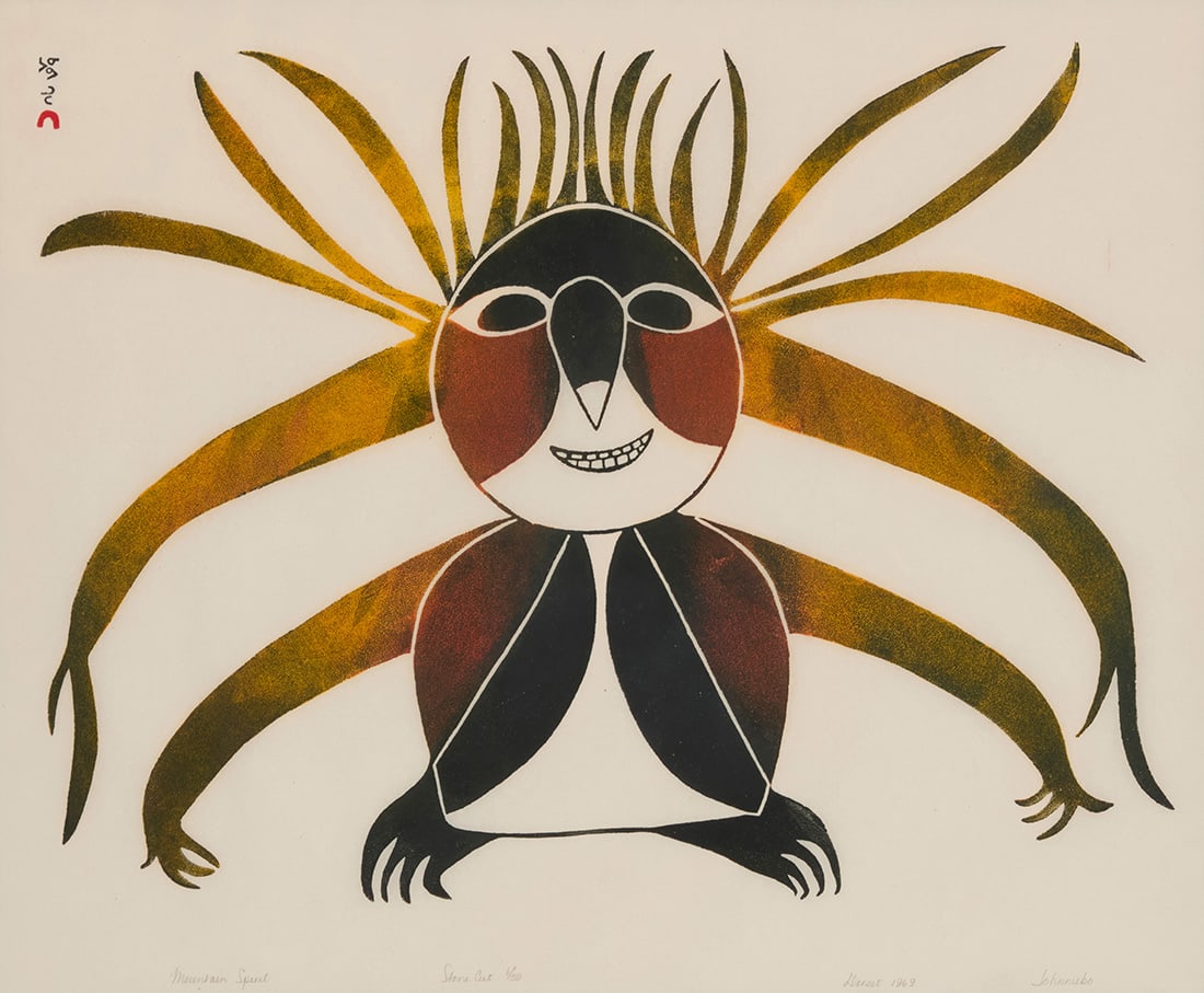 Johnniebo Ashevak (1923-1972), "Mountain Spirit," 1969: Johnniebo Ashevak (1923-1972) "Mountain Spirit," 1969 Stonecut in colors on paper Edition: 6/50 Signed, titled, dated, numbered, and inscribed in pencil along the lower margin edge: Johnniebo /