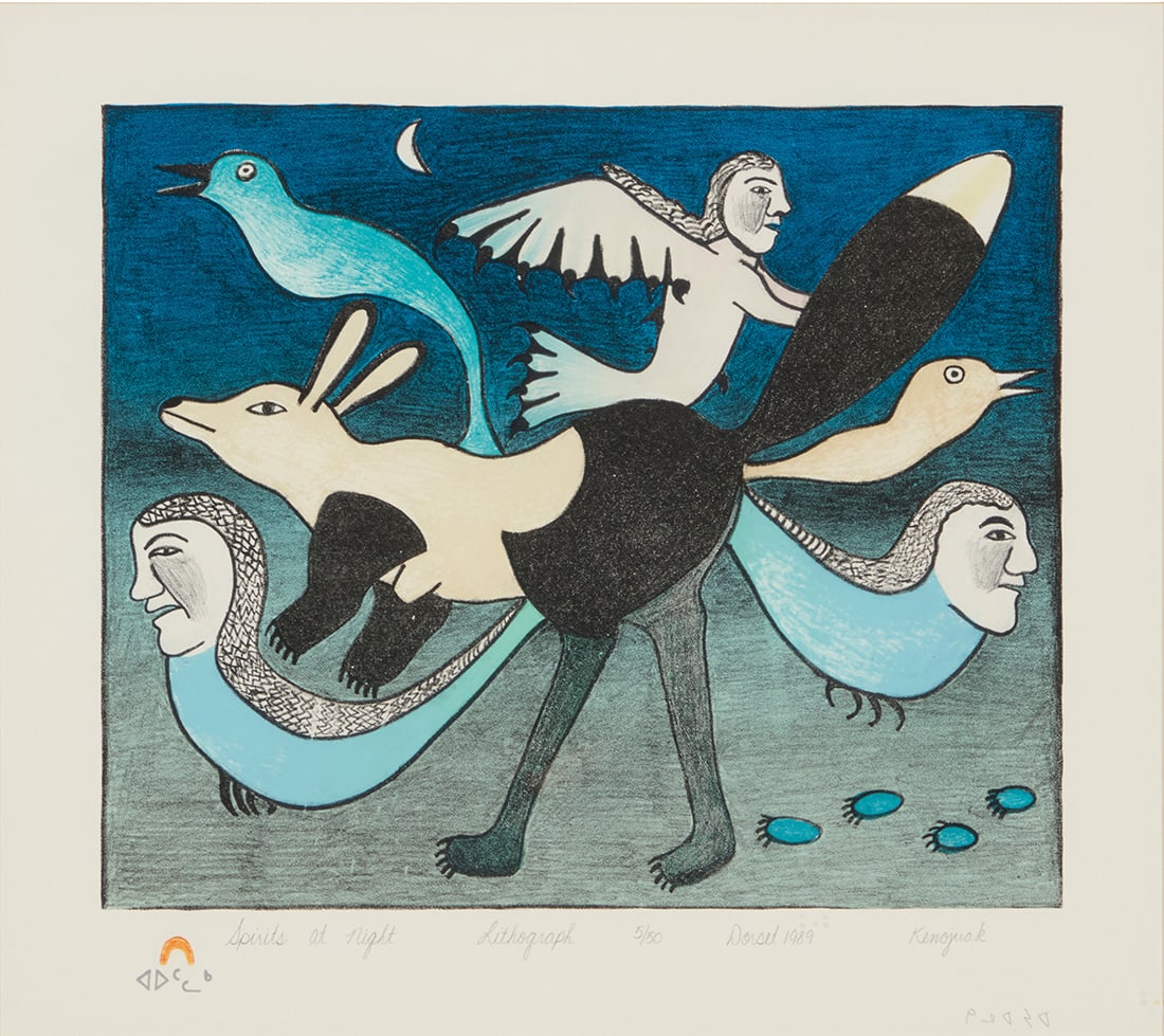 Kenojuak Ashevak (1927-2013), "Spirits at Night," 1989: Kenojuak Ashevak 1927-2013 "Spirits at Night," 1989 Lithograph in colors on paper Edition: 5/50 Signed, titled, dated, numbered and inscribed, all in pencil in lower margin, also with Inuktitut