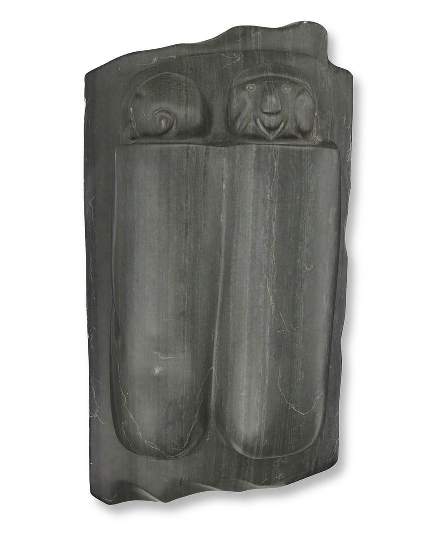 Charlie Qittusuk (1927-2003, Inuit; Belcher Islands/Sanikiluaq), A carved soapstone sculpture of a: Charlie Qittusuk (1927-2003, Inuit; Belcher Islands/Sanikiluaq) A carved soapstone sculpture of a sleeping couple, 1973 Underside with incised signature in syllabics, date, and disc number: E9-109