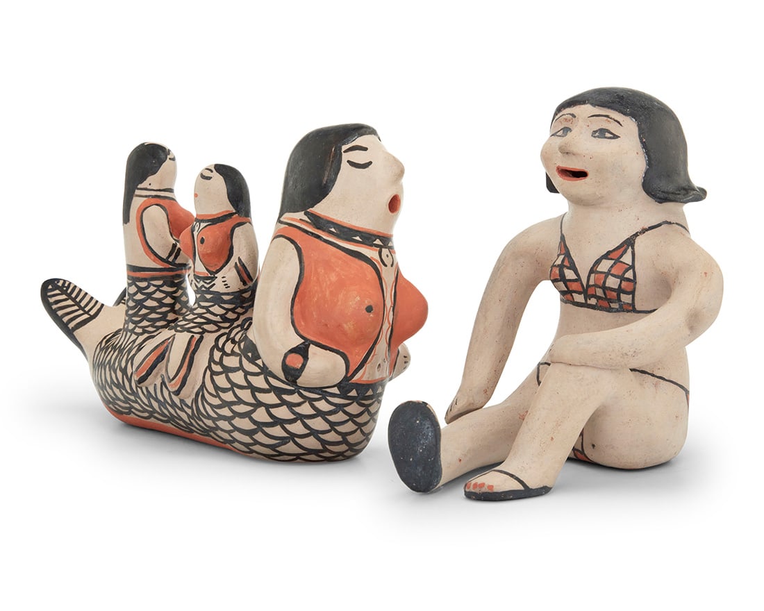 Two Cochiti Pueblo polychrome pottery figures: Two Cochiti Pueblo polychrome pottery figures Two works: Ivan Lewis (1919-2001, Acoma/Cochiti Pueblo) A mermaid figural group, late 20th century Signed to underside: Ivan L [illegible] / Cochiti