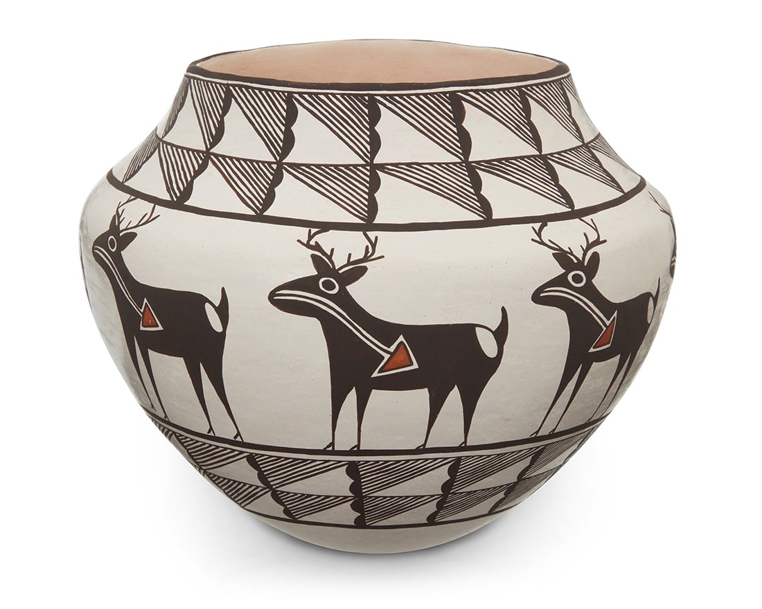 Lucy Lewis (1890-1992, Acoma Pueblo), A polychrome pottery olla and signed book, late 20th century (1 of 5)