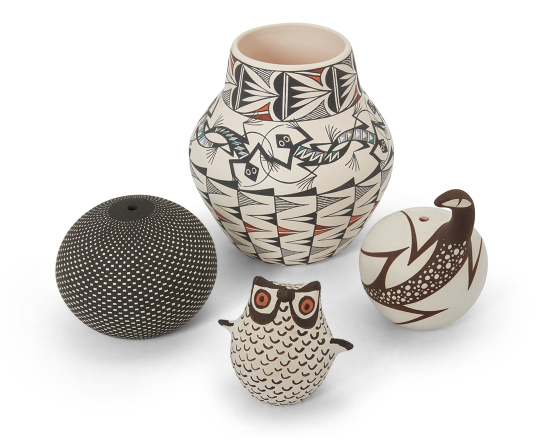 Four Acoma and Zuni Pueblo pottery jars: Four Acoma and Zuni Pueblo pottery jars Four works: Terrance M. Chino Sr. (b. 1965, Acoma Pueblo) A fine-line seed jar, late 20th/early 21st century Signed in slip to underside: TERRANCE M. CHINO