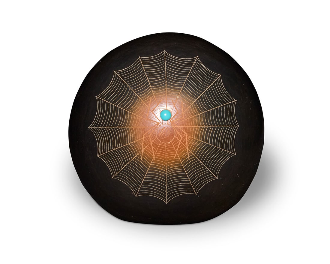 Barbara [Sunbeam Tahn-Moo-Whe] Gonzales (b. 1947, San Ildefonso Pueblo), A sgraffito blackware seed: Barbara [Sunbeam Tahn-Moo-Whe] Gonzales (b. 1947, San Ildefonso Pueblo) A sgraffito blackware seed jar, late 20th/early 21st century Incised verso: S TAHN-MOO-WHE / [artist's cloud cipher] Incised