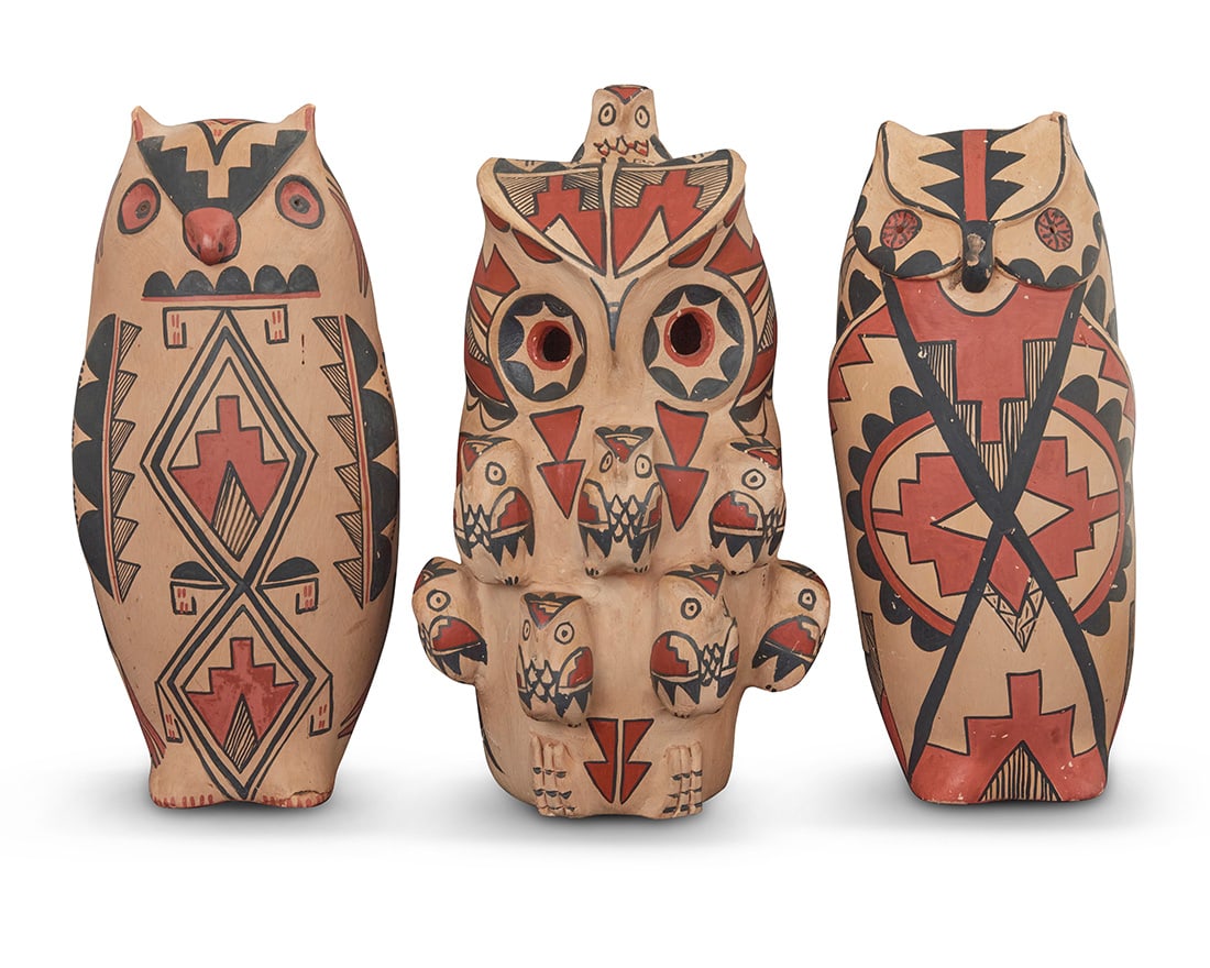 Three Jemez Pueblo polychrome pottery owls: Three Jemez Pueblo polychrome pottery owls Mid/late 20th century Two signed to underside: MRS / P.M.G. / JEMEZ / PUE. / N M.; one signed: M. Romero [Marie Gachupin Romero (1927-2007)] / Jemez Each