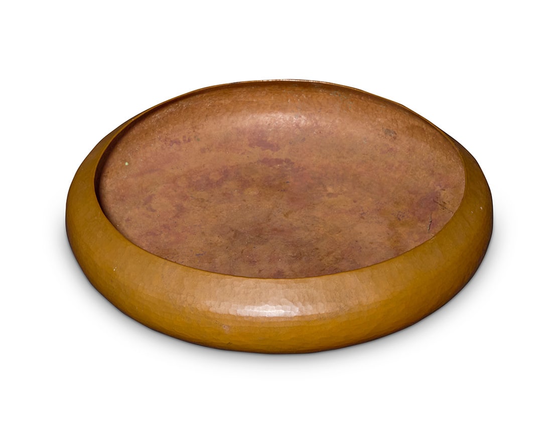 A Dirk van Erp hammered copper low bowl: A Dirk van Erp hammered copper low bowl 1911-1912 Base impressed: Dirk van Erp [closed-box mark] 3.25" H x 11.875" Dia. Provenance: The Collection of Gary Diamond, Los Angeles, CA