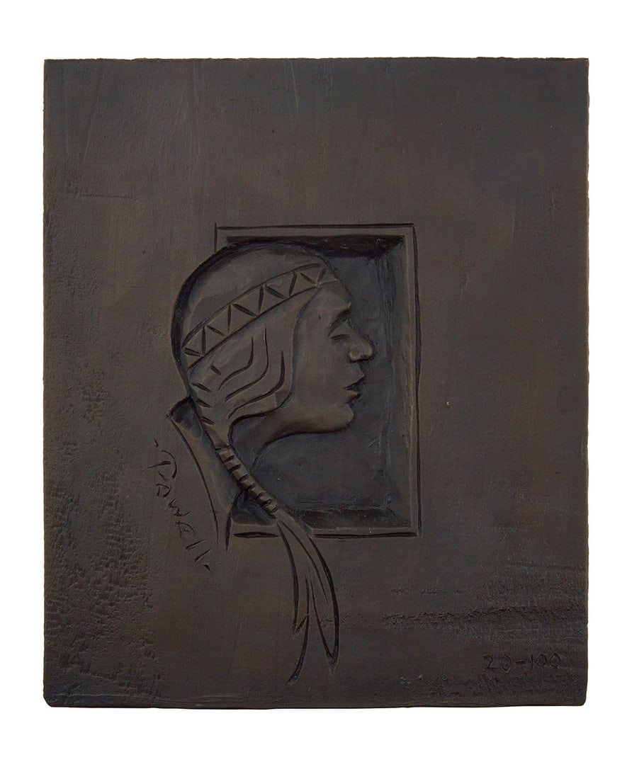 Ace Powell (1912-1978, American), Head of a Native American man in profile: Ace Powell (1912-1978, American) Head of a Native American man in profile Patinated bronze bas relief Signed and inscribed in the casting: Powell / 20-100 7.25" H x 6" W x 1" D