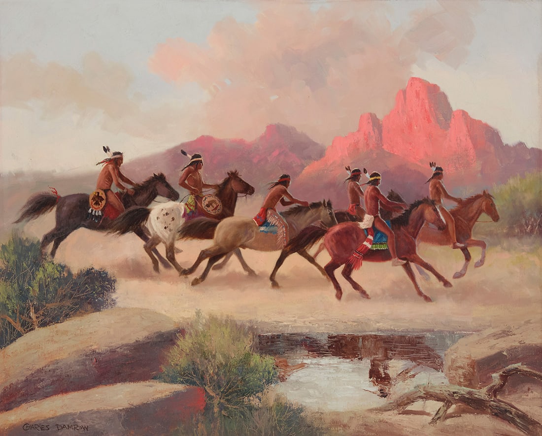 Charles Damrow (1916-1989), Native Americans on horseback: Charles Damrow (1916-1989) Native Americans on horseback Oil on canvas Signed lower left: Charles Damrow; inscribed in another hand on the frame's verso: "Randoff [sic] Scott" 24" H x 30" W 