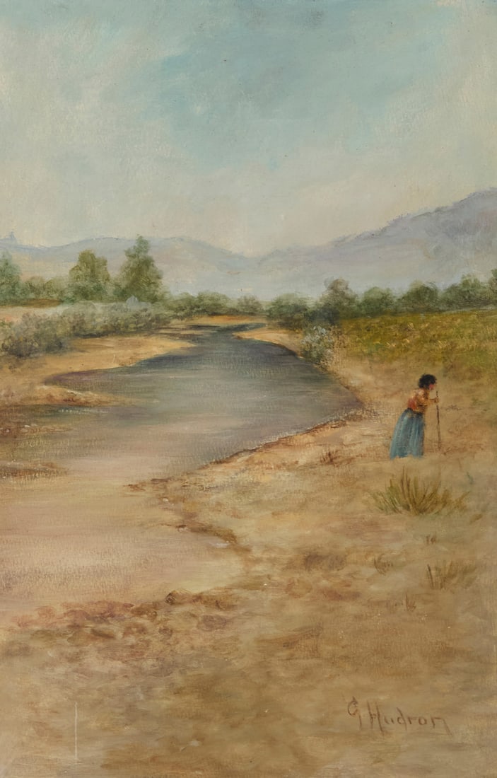 Grace Carpenter Hudson (1865-1937), Sketch of a figure along a stream: Grace Carpenter Hudson (1865-1937) Sketch of a figure along a stream Oil on board Signed lower right: G. Hudson; inscribed in ink in another hand, verso: "N.21 / Sketched by Grace Hudson /