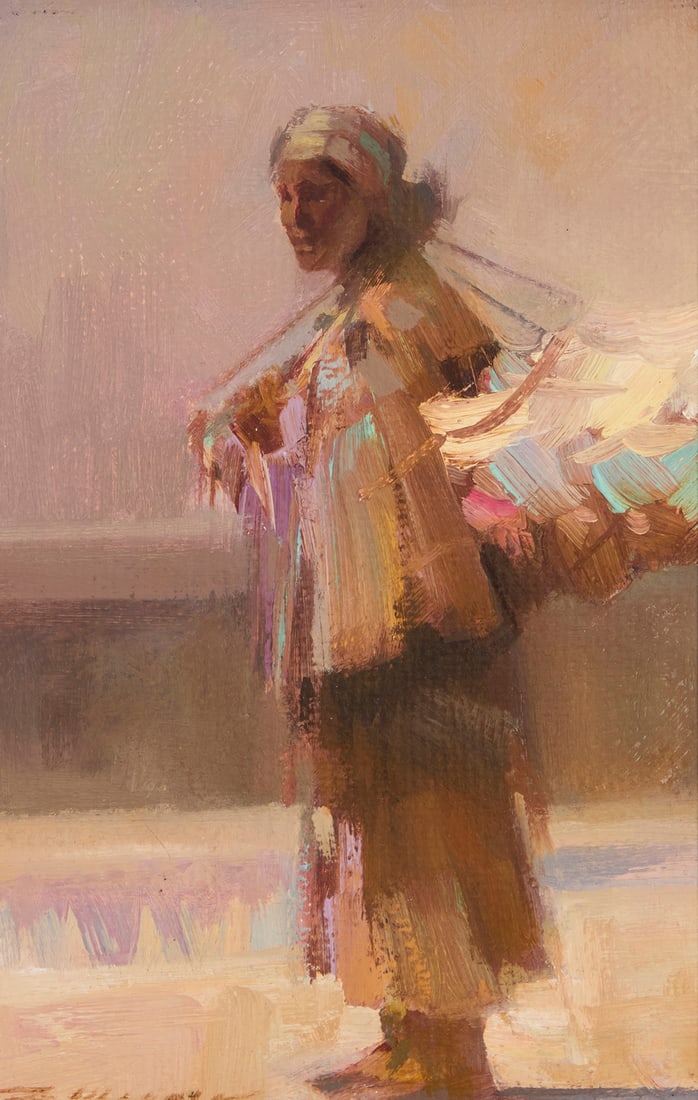 Rusti Warner (b. 1974), "Bundle Carrier," 2007: Rusti Warner (b. 1974) "Bundle Carrier," 2007 Oil on canvas laid to board Signed lower right: R. Warner; signed again, titled, and dated "2007," all verso 8.5" H x 6" W Provenance: Sold: John Moran