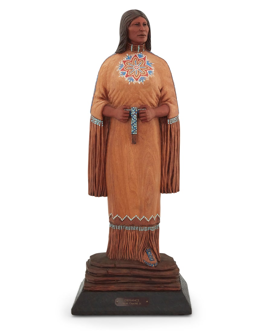 Bill Churchill (b. 1936, American), "Defiance," 2014: Bill Churchill(b. 1936, American)"Defiance," 2014Painted carved woodIncised signature and date: Bill Churchill; titled to applied metal plaqueOverall: 27" H x 10.5" W x 7.5" D