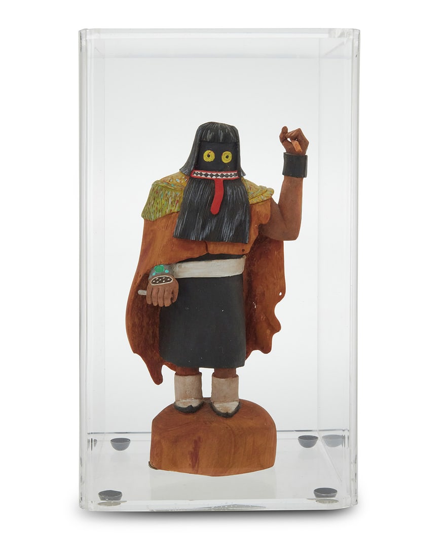 Jeff Tsalabutie (1974-2009, Zuni Pueblo/Hopi-Tewa), A painted carved cottonwood Suyuki ogre katsina,: Jeff Tsalabutie (1974-2009, Zuni Pueblo/Hopi-Tewa) A painted carved cottonwood Suyuki ogre katsina, circa 1998 With incised signature, other marks obscured: JEFF TSALABUTIE The Mixed Dance rainmaker