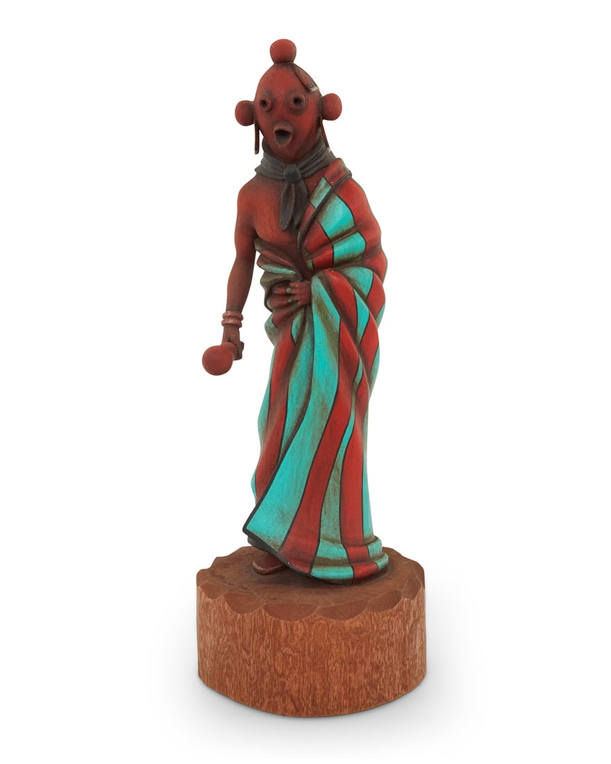 Jonathan Day Sr. (Laguna Pueblo/Hopi-Tewa), A painted carved cottonwood 'Robed Mudhead' katsina,: Jonathan Day Sr. (Laguna Pueblo/Hopi-Tewa) A painted carved cottonwood robed mudhead katsina, 1990 Signed and dated to underside: Jonathan Day / "93" The Toson Koyemsi figure depicted with rattle