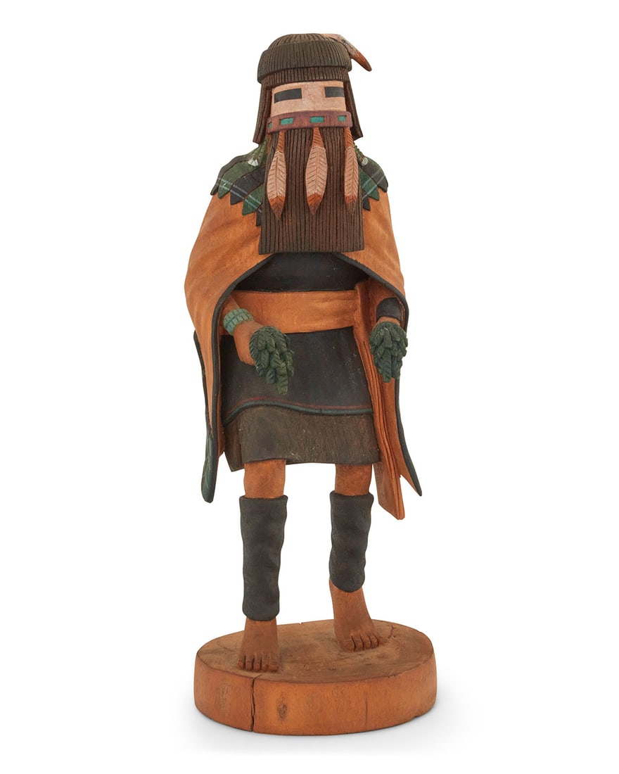 Nelson Kuwanvana (b. 20th century, Hopi-Tewa), A painted carved cottonwood 'Long Hair Girl' katsina,: Nelson Kuwanvana (b. 20th century, Hopi-Tewa) A painted carved cottonwood 'Long Hair Girl' katsina, 1986 Signed, dated, and titled to underside: NELSON KUWANVANA / "86" The Angak'china Mana depicted