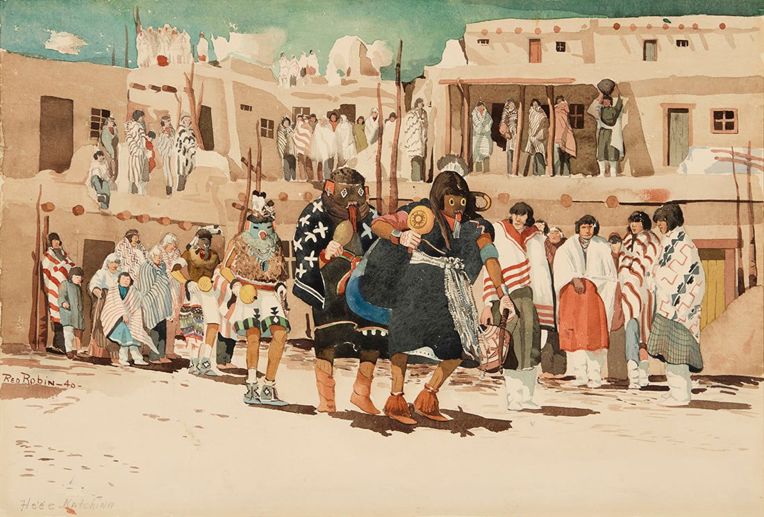 Red Robin (1912-1991, Zuni), "He'e'e Kachina" or "War Maid," 1940: Red Robin(1912-1991, Zuni)"He'e'e Kachina" or "War Maid," 1940Watercolor with traces of pencil on paperSigned and dated in pigment, and titled in pencil, all lower left: Red Robin -40-; inscribed in p