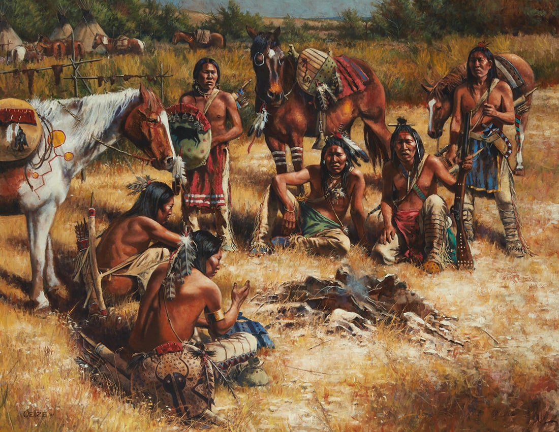 Don Oelze (b. 1965), "Recounting the Coup," 2007: Don Oelze (b. 1965) "Recounting the Coup," 2007 Oil on canvas Signed and dated lower left: Oelze '07; titled on the frame plaque 48" H x 60" W Other Notes: Don Oelze is a contemporary artist known