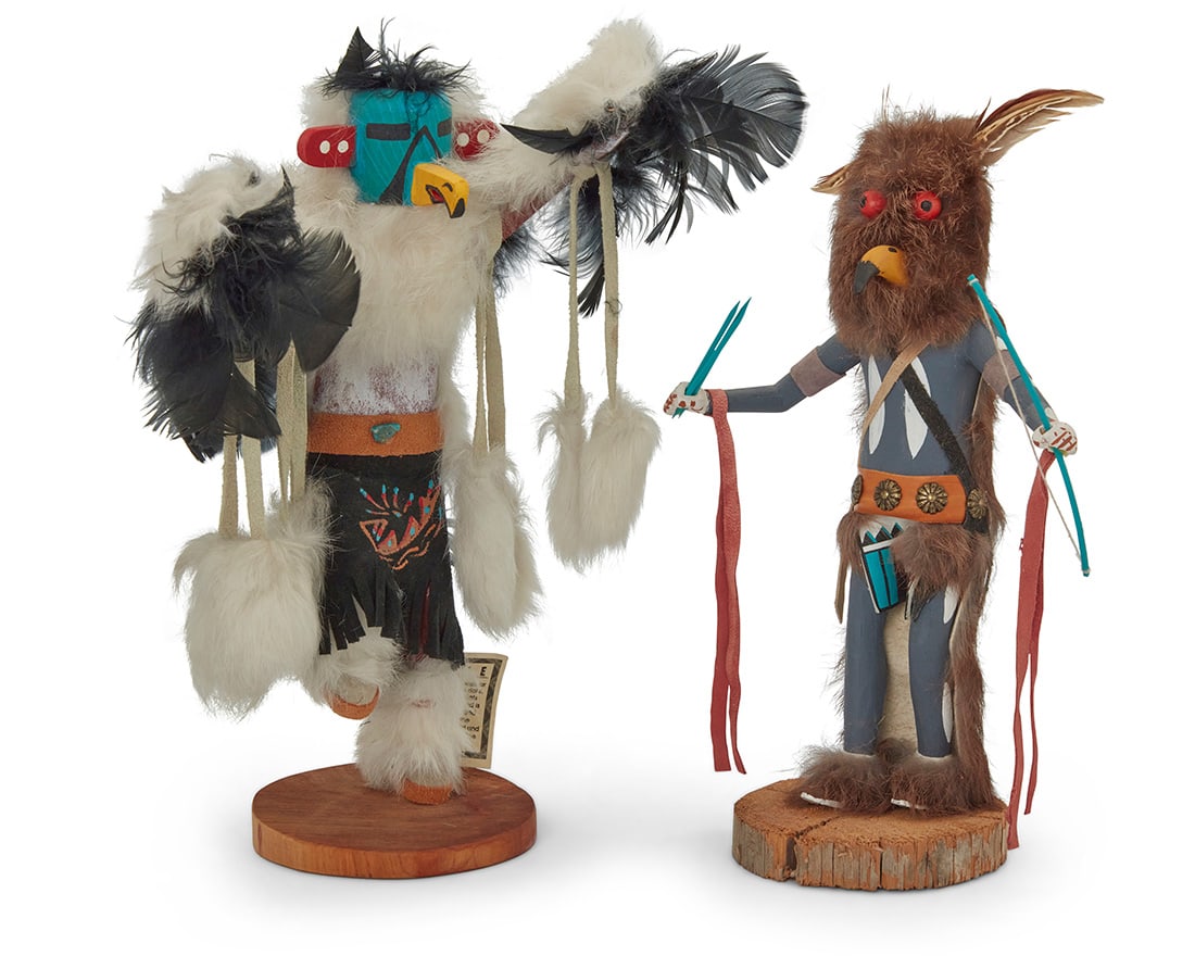 Two Hopi painted carved cottonwood katsinas: Two Hopi painted carved cottonwood katsinas Late 20th/early 21st century Eagle signed, titled, and numbered to underside: M. W. BEGAY / EAGLE / T.T. / 401,468; owl signed and inscribed: OWL KACHINA /