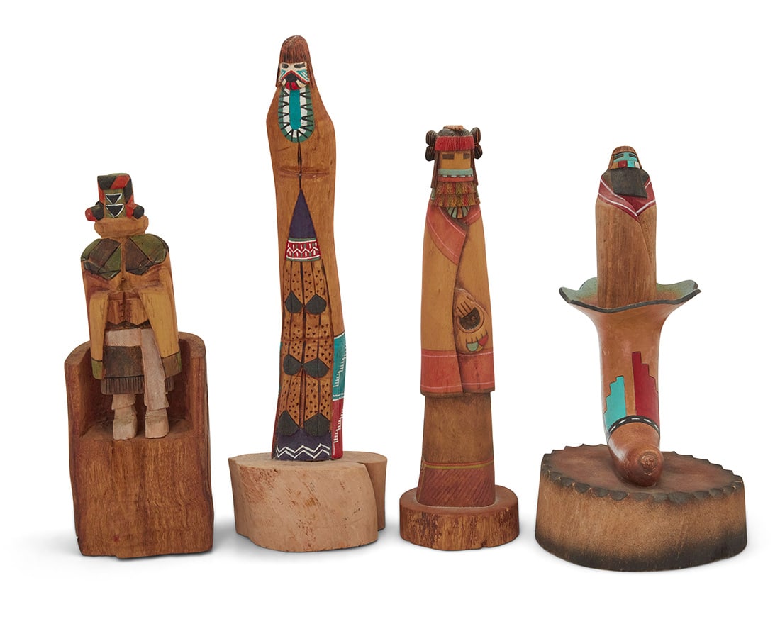 Four Hopi painted carved cottonwood katsinas: Four Hopi painted carved cottonwood katsinas Four works: Buddy Tubinaghtewa (b. 20th century, Hopi-Tewa) A gourd maiden katsina, 2000 Signed and dated to underside: Buddy Tubinaghtewa / [hoof and