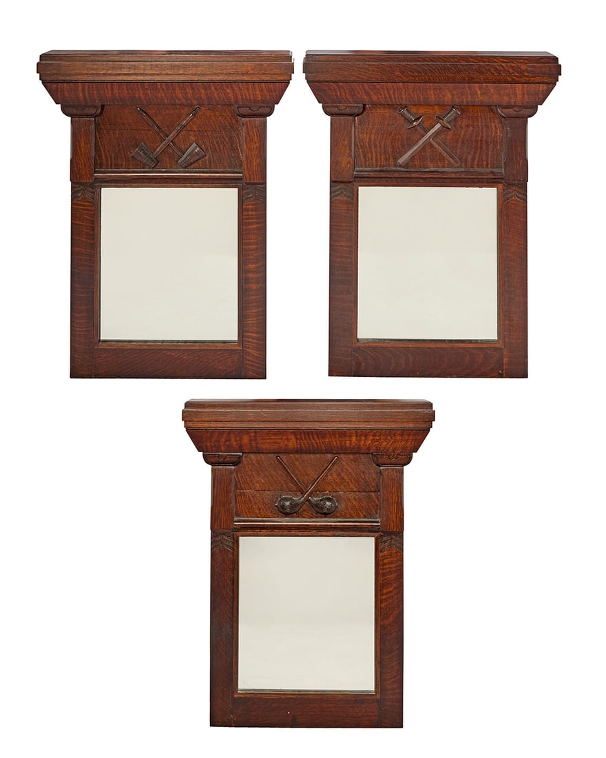 A set of three Improved Order of Red Men carved wood mirrors: A set of three Improved Order of Red Men carved wood mirrors Early/mid-20th century Each unmarked Each with architectural pediment, one carved with crossed swords, another with crossed mallets, and