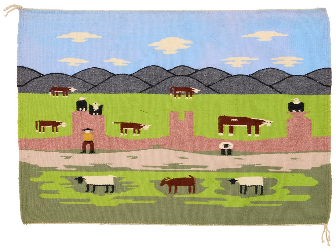 A Navajo pictorial rug: A Navajo pictorial rug Late 20th/21st century, Dine Woven in blue, green, brown, cream, black, metallic grey, and metallic pink yarn, featuring a mountainous landscape with eagles or vultures, cows,