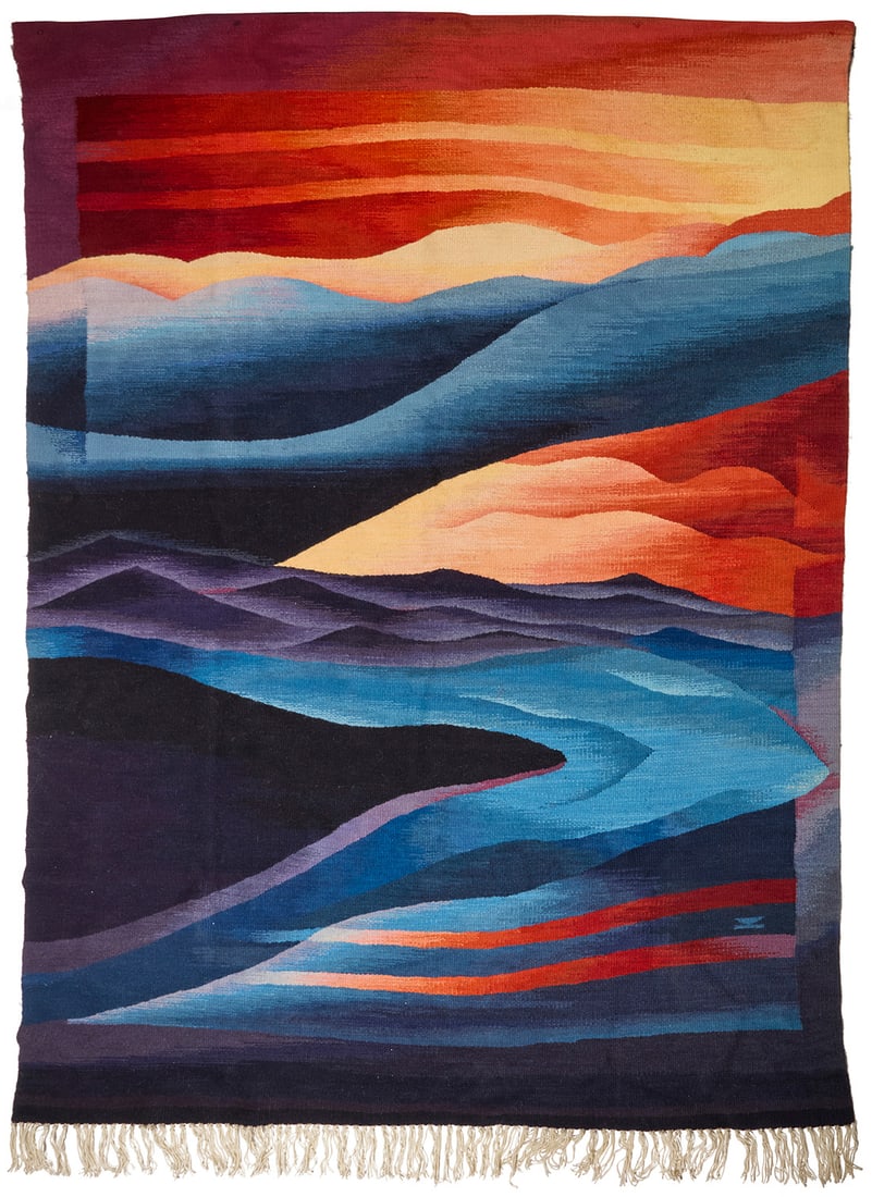 Janusz Kozikowski (1939-2011, Polish), "Blue Cloud/Ghost Rug," 1983: Janusz Kozikowski (1939-2011, Polish) "Blue Cloud/Ghost Rug," 1983 Wool weaving Signed, dated, titled, and inscribed to applied fabric label: 7/27/83 / woven in kozikowski / Studios / Medanales, N.M.