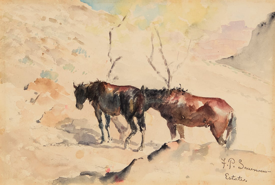 Frank Paul Sauerwein (1871-1910), "Two Indian Ponies on a Hill": Frank Paul Sauerwein (1871-1910) "Two Indian Ponies on a Hill" Watercolor on paper Estate signed lower right: F.P. Sauerwein / Estate.; titled on a label affixed to the frame's backing board Sight: