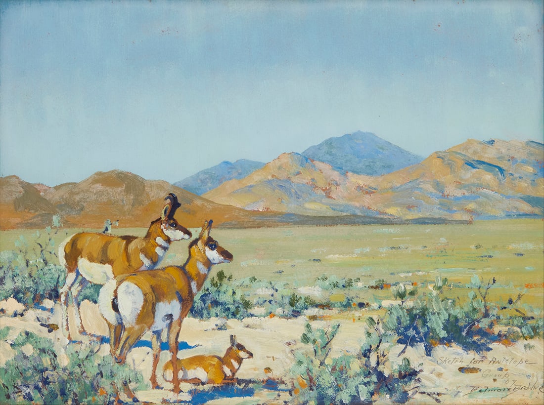 Belmore Browne (1880-1954), "Sketch for Antelope Group," 1907: Belmore Browne (1880-1954) "Sketch for Antelope Group," 1907 Oil on board Signed, titled, and dated in pencil, lower right: Belmore Browne / '07 12" H x 16" W