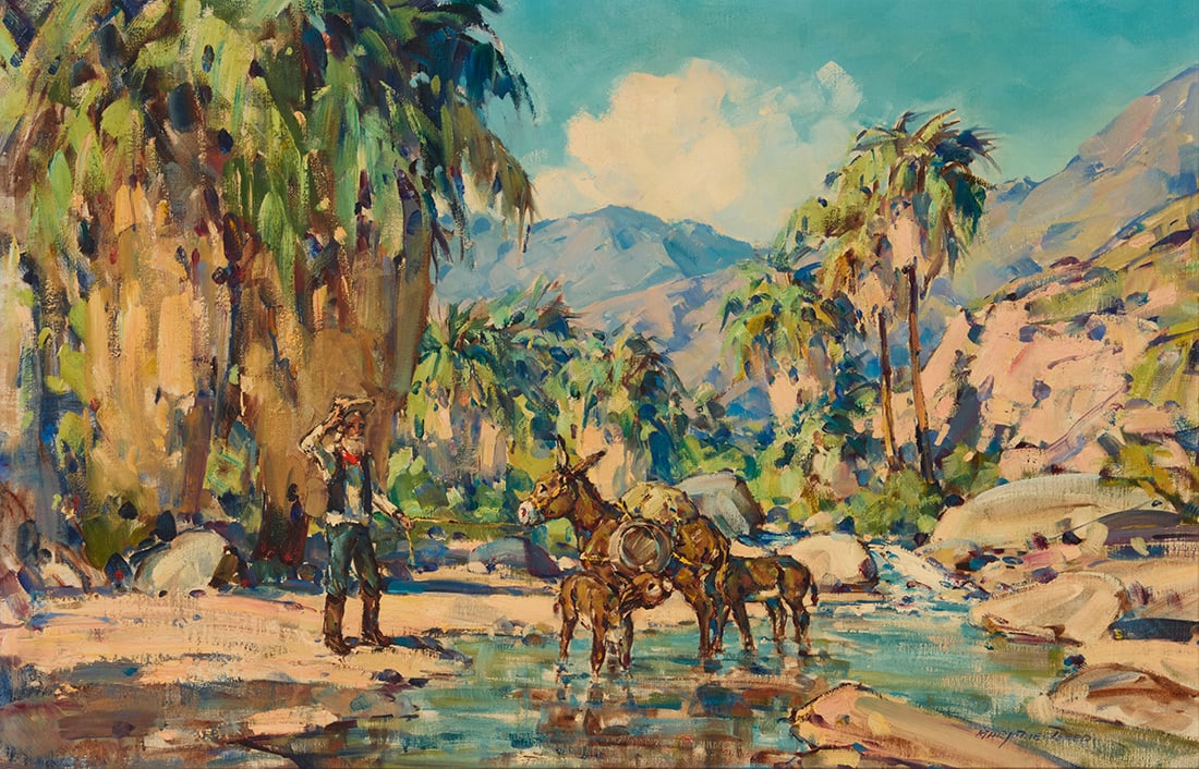 Marjorie Reed (1915-1996), Miner with donkeys in an oasis: Marjorie Reed (1915-1996) Miner with donkeys in an oasis Oil on canvas laid to canvas Signed lower right: Marjorie Reed 24" H x 36" W Provenance: Private estate, California