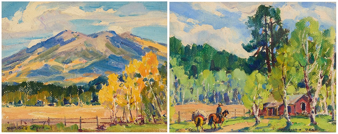 Marjorie Reed, (1915-1996): Marjorie Reed (1915-1996) Two works: "There's No Place Like Home" Oil on canvasboard Signed lower right: Marjorie Reed; titled in pencil on the overmat Sight: 3.875" H x 4.875" W "Autumn Comes to