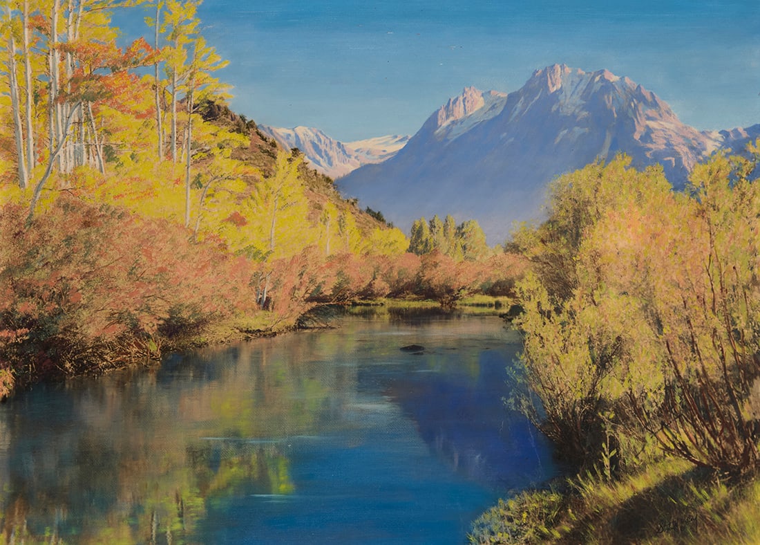 Stephen Hallet Willard (1894-1966), Autumn landscape, June Lake, High Sierra: Stephen Hallet Willard (1894-1966) Autumn landscape, June Lake, High Sierra Oil over printed photograph on Masonite Signed lower right: Stephen H. Willard ©; with the artist's copyright black ink