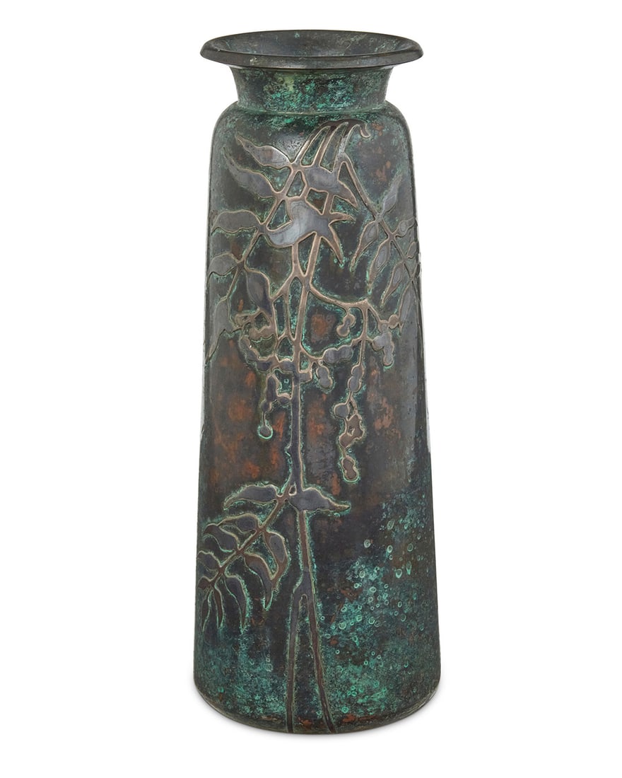 A Heintz Art Metal Shop silver overlay vase: A Heintz Art Metal Shop silver overlay vase Early 20th century Appears unmarked Verdigris patinated bronze with silver overlay foliate motifs 9.5" H x 3.625" Dia. Provenance: The Collection of Gary