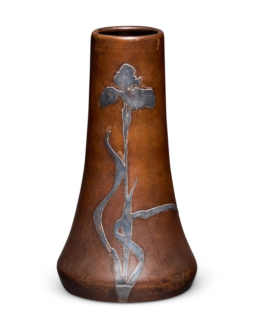 A Heintz Art Metal Shop sterling silver overlay vase: A Heintz Art Metal Shop sterling silver overlay vase Early 20th century Impressed factory mark and: STERLING / ON BRONZE / [indistinct] / 3595 C Patinated bronze with silver overlay depicting an iris