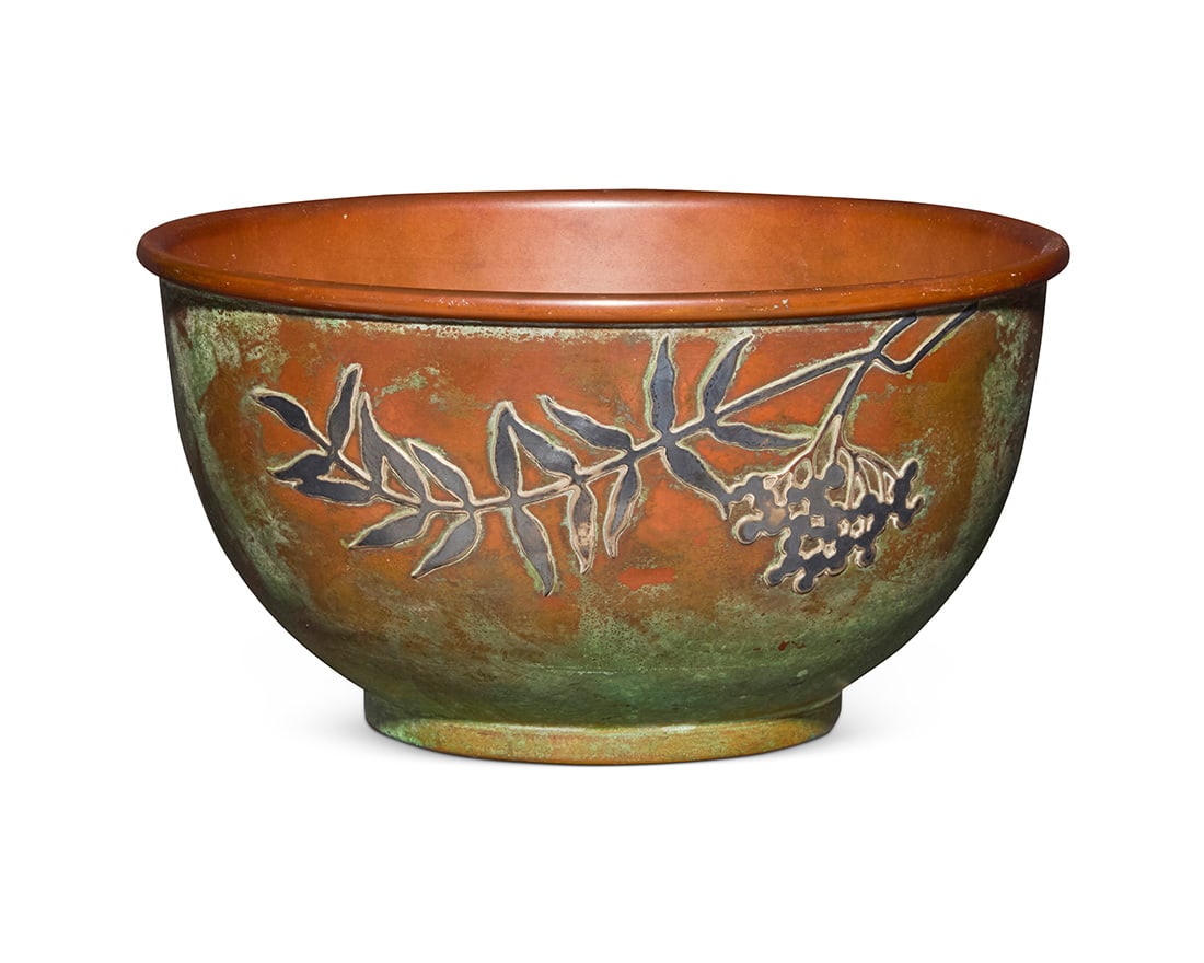 A Heintz Art Metal Shop silver overlay bowl: A Heintz Art Metal Shop silver overlay bowl 1911-1912 Stamped: PAT APD FOR/ 1851 with etched numbers: 1646 The patinated bronze bowl with rolled rim and silver overlay of foliate motif 4" H x 7.625"