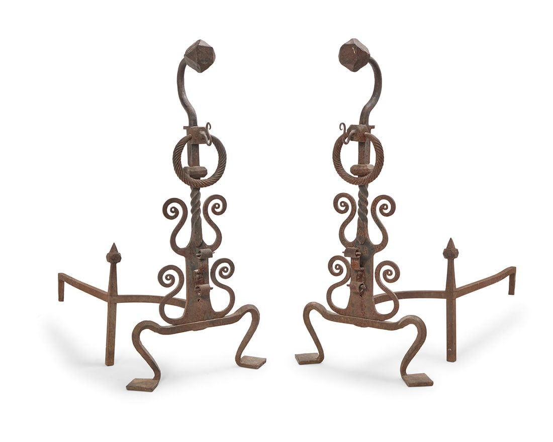 A pair of monumental enameled wrought iron andirons: A pair of monumental enameled wrought iron andirons 20th century Each with scrollwork, twisted standard, and a braided ring 2 pieces Each front: 55" H x 26.5" W x 13" D; Each bracket: 21.5" H x 12" W