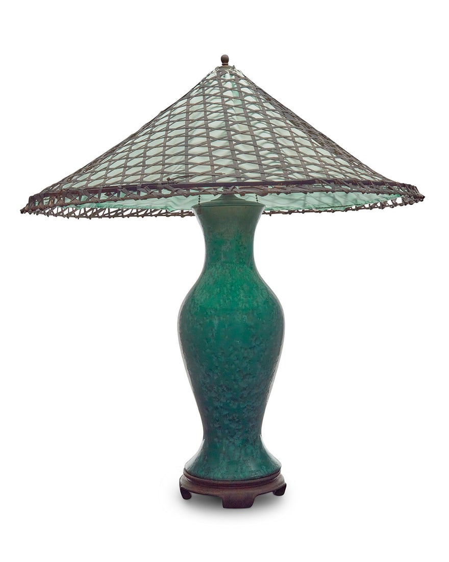 An Arts & Crafts green glazed pottery table lamp (1 of 4)