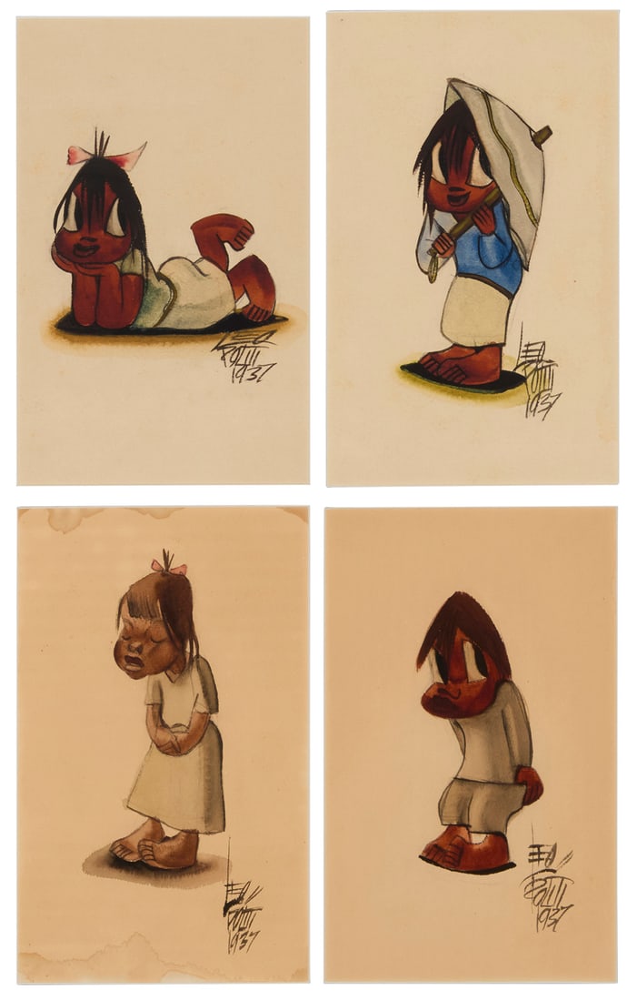 Leo Politi (1908-1996), Illustrations of children, 1937: Leo Politi (1908-1996) Illustrations of children, 1937 Four watercolor and pencil works on paper, framed together Each signed and dated lower right: Leo/Politi/1937 Sight of each: 9.75" H x 6" W