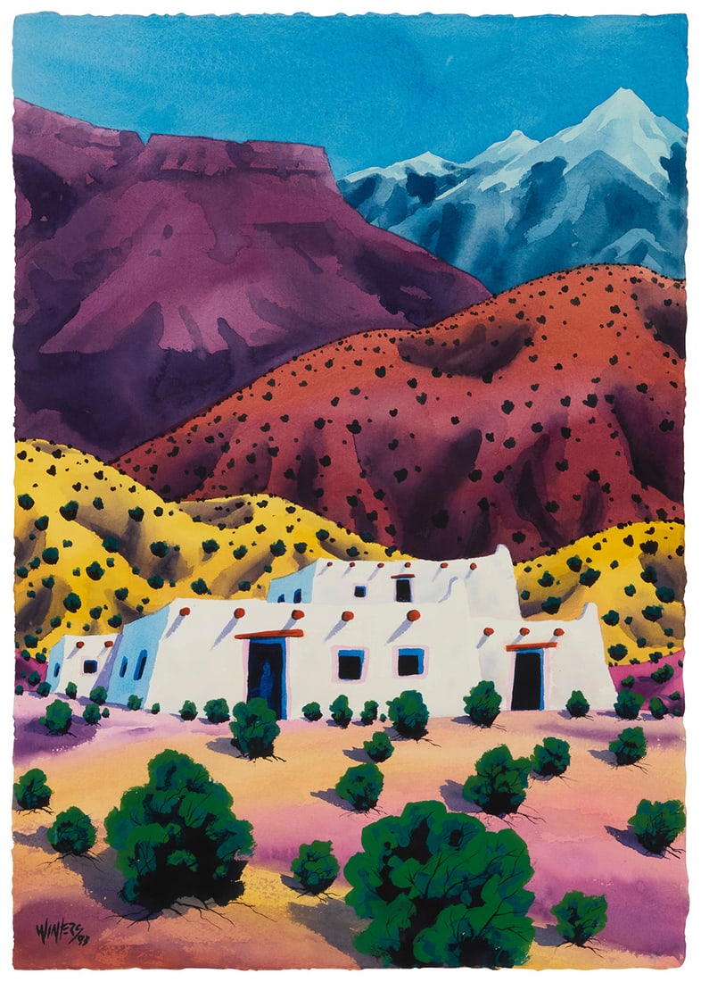 Todd Abbott Winters (20th/21st century), Spanish adobe mountain base, 1993: Todd Abbott Winters (20th/21st century) Spanish adobe mountain base, 1993 Watercolor and gouache on paper Signed and dated lower left: Winters 93 Image/Sheet: 29.75" H x 20.75" W