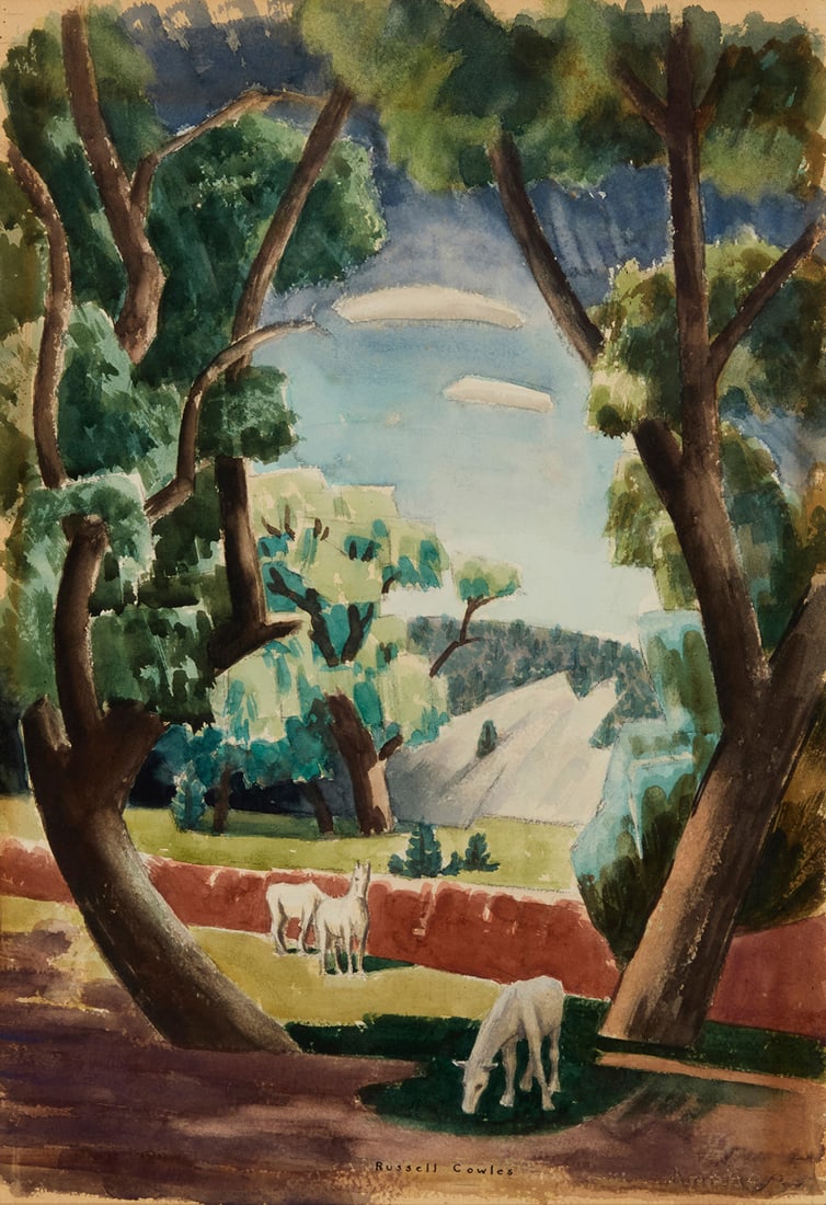 Russell Cowles (1887-1979), Horses in a pasture, New Mexico: Russell Cowles (1887-1979) Horses in a pasture, New Mexico Watercolor and pencil on Arches paper Signed lower center: Russell Cowles Sight: 21.75" H x 14.75" W Provenance: Private estate, California