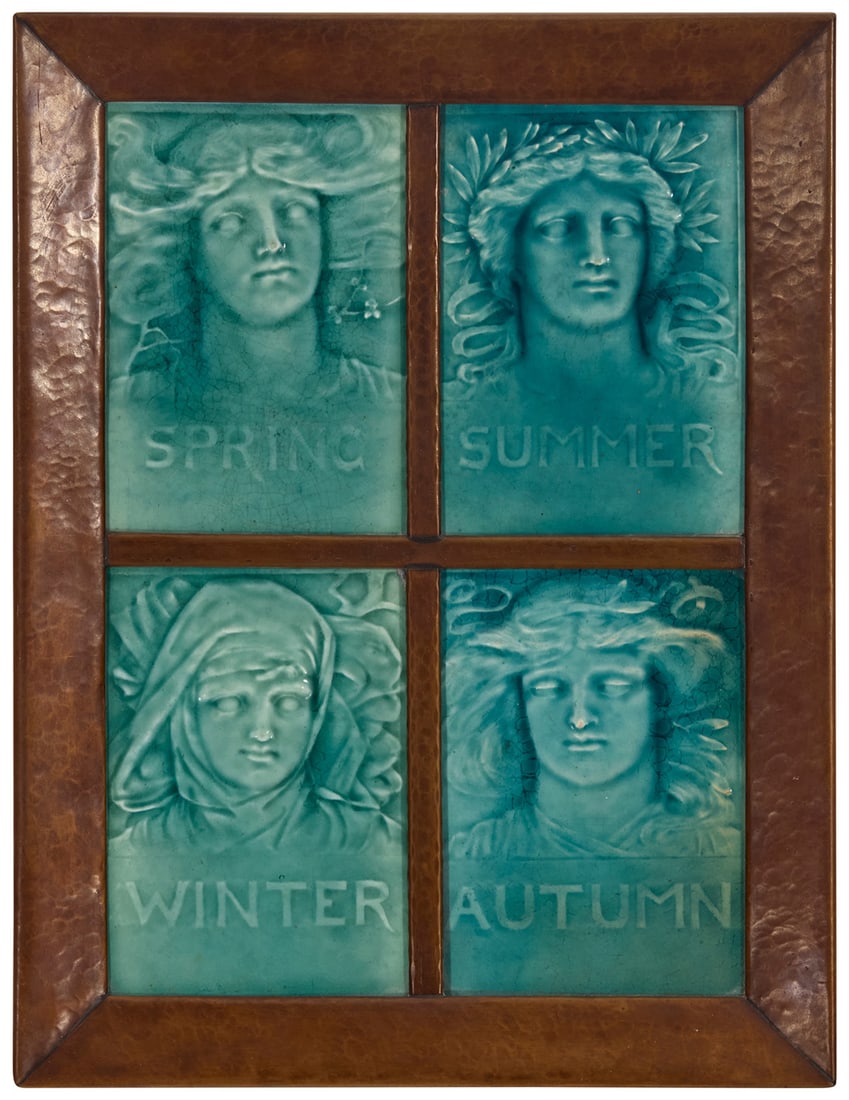 A set of J.G. & J.F. Low Art Tile Works "The Four Seasons" glazed tiles: A set of J.G. & J.F. Low Art Tile Works "The Four Seasons" glazed tiles 1885 in later frame Each tile impressed: J.G. & J.F. LOW / ART TILE WORKS / CHELSEA / MASS, U.S.A. / COPYRIGHT / BY J.G. & J.F.