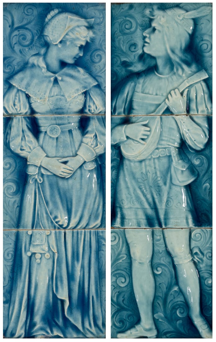 Two American Encaustic Tiling Co. glazed ceramic panels: Two American Encaustic Tiling Co. glazed ceramic panels Late 19th/early 20th century Each tile marked in relief: A. E. TILE Co. LIMITED Each figure formed of three tiles, one set depicting a maiden,