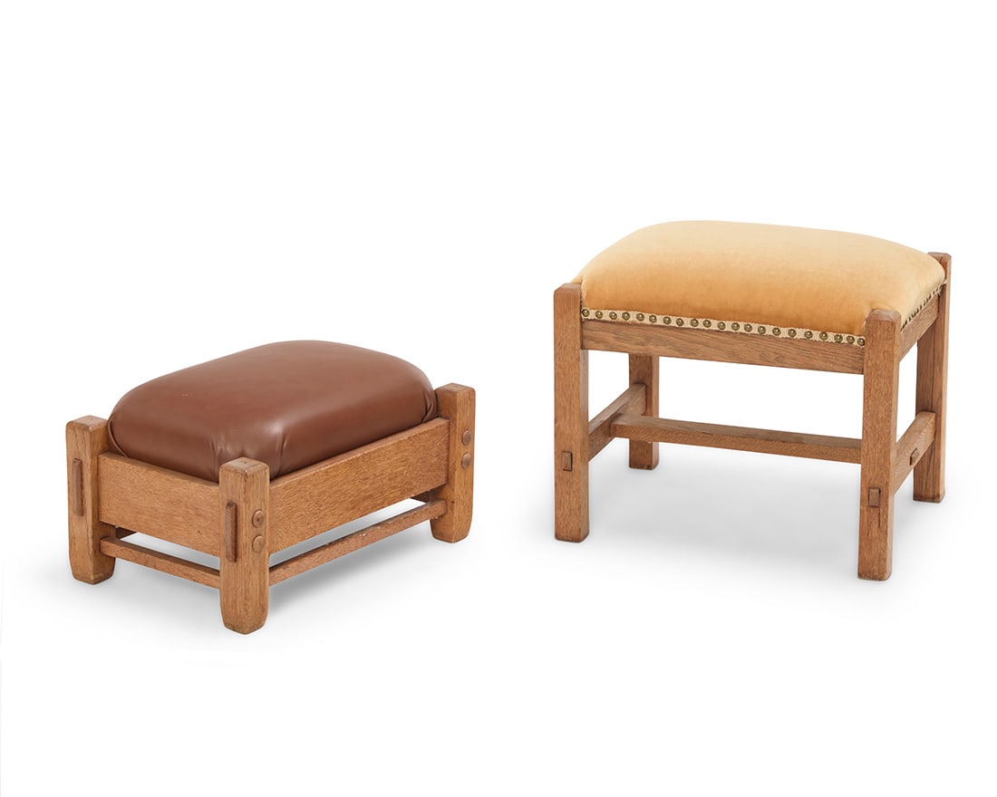 Two Arts & Crafts oak footstools: Two Arts & Crafts oak footstools Early 20th century Each unmarked Comprising a Stickley Brothers 'Quaint' oak footstool, no. 5674, with leather-upholstered cushion, and another footstool with mortise