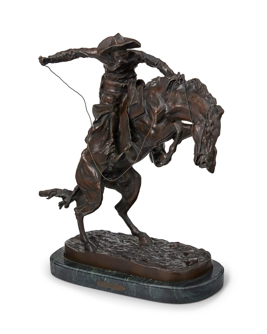 After Frederic Remington (1861-1909), "The Broncho Buster," original 1895: After Frederic Remington (1861-1909) "The Broncho Buster," original 1895 Patinated bronze on a stone plinth Edition: RCS 505/775 Signed and numbered in the casting: Copyright Frederic Remington