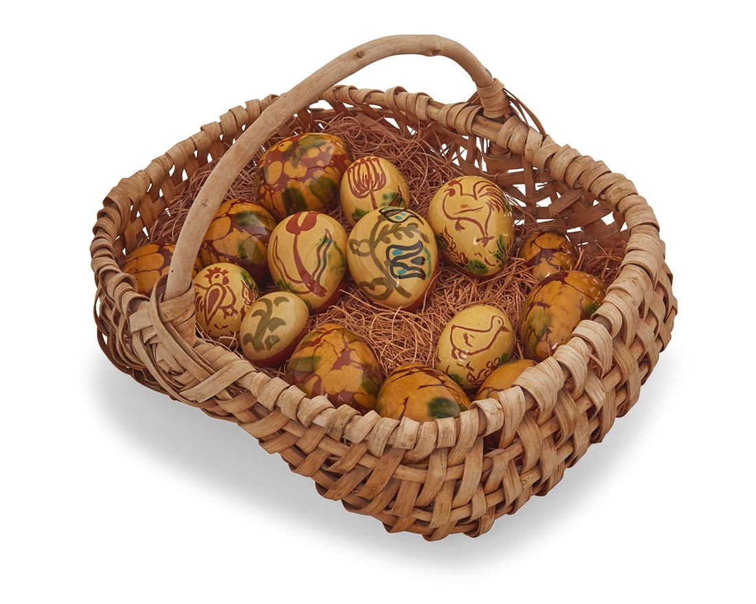 Lester Breininger Jr. (1935-2011, American), A collection of Pennsylvania glazed redware pottery: Lester Breininger Jr. (1935-2011, American) A collection of Pennsylvania glazed redware pottery eggs, 1977 & 1981 Seven incised, eight painted with artist's typical marks and variously dated 77 or 81