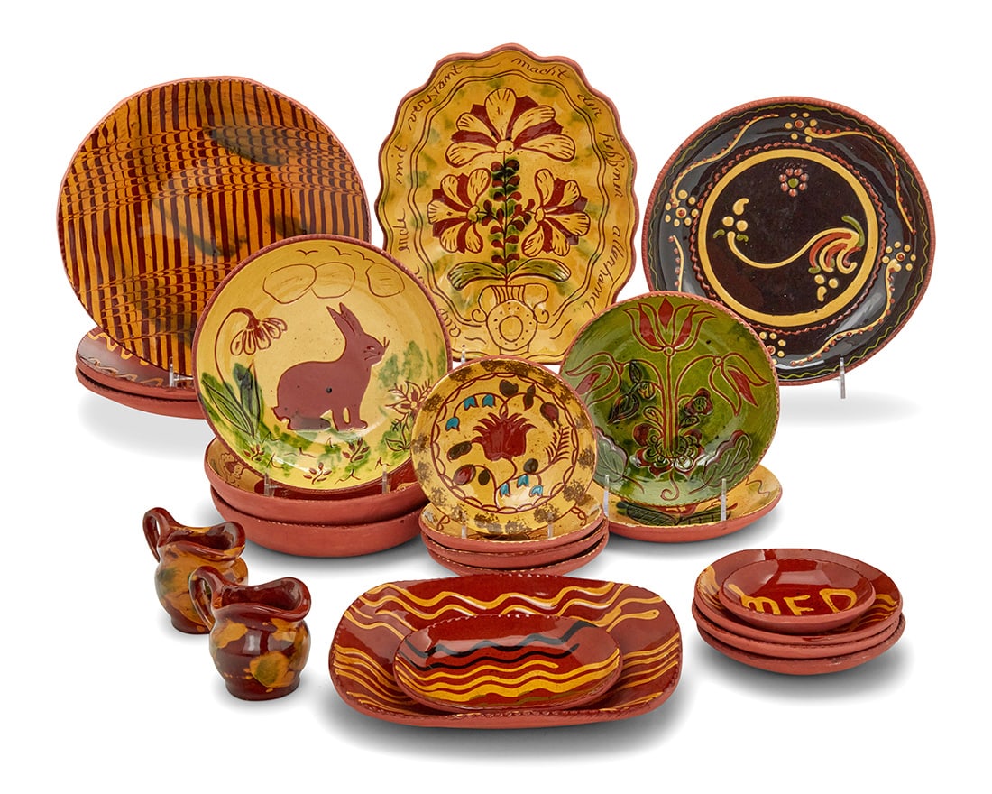 Lester Breininger Jr. (1935-2011, American), A collection of Pennsylvania glazed redware pottery: Lester Breininger Jr. (1935-2011, American) A collection of Pennsylvania glazed redware pottery vessels, 1977 & 1981 Most incised: R Breininger / Robesonia Pa; smaller items initialed: LB; each