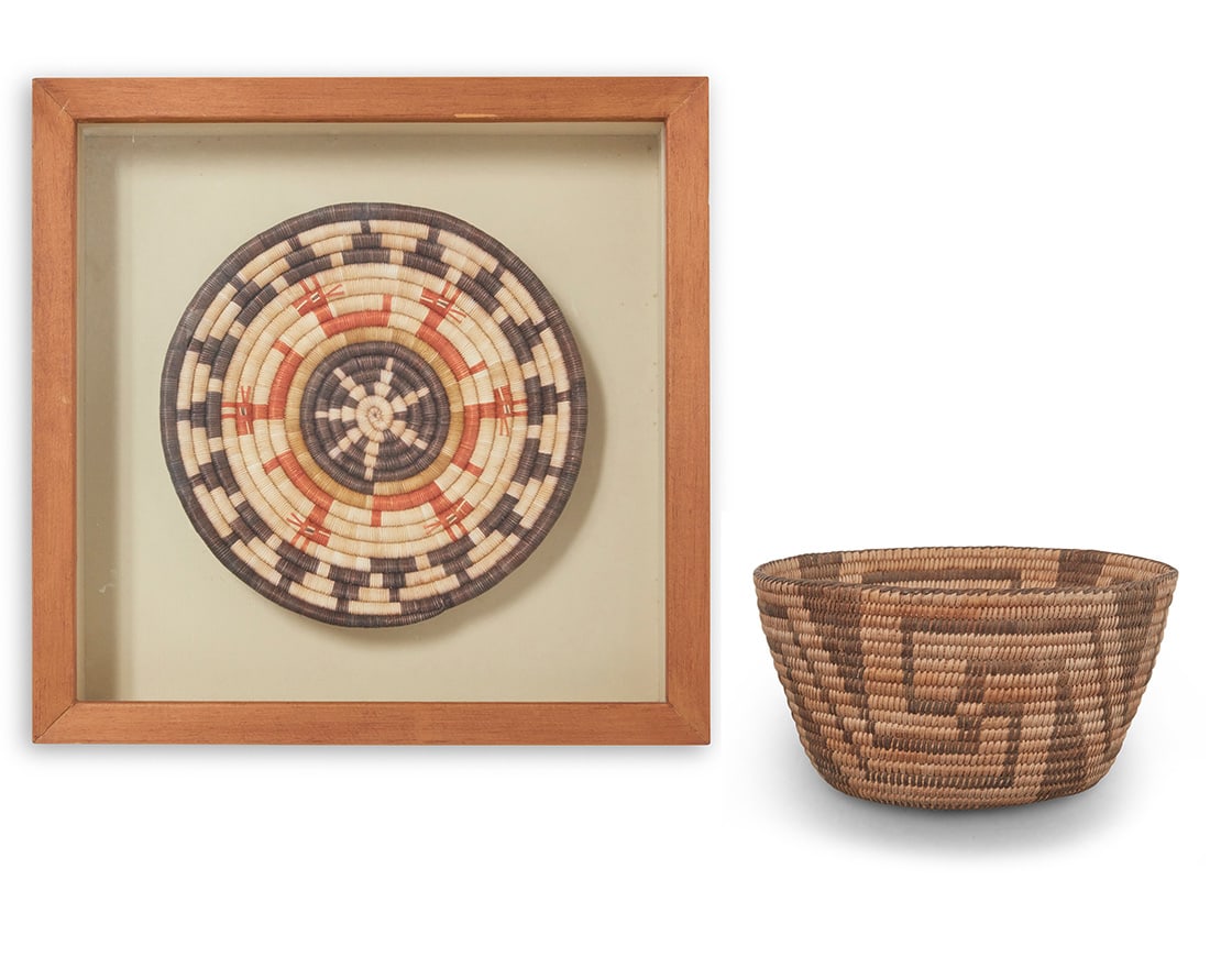 Two Southwest baskets: Two Southwest baskets Late 20th century Two works: Attributed to Leonora Quanimptewa (b. 20th century, Hopi) A polychrome Hopi Second Mesa coiled basketry tray Late 20th century, Hopi Pueblo, Second