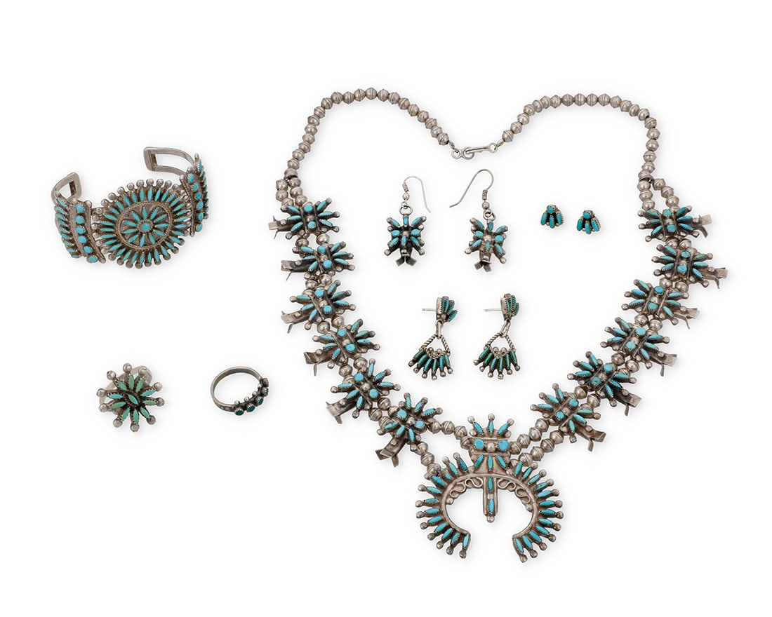 A group of Southwest Zuni needlepoint jewelry: A group of Southwest Zuni needlepoint jewelryMid/late 20th centuryFour with unidentified etched mark; cuff further stamped: W Hooee / Zuni / NMFive works comprising a delicate needlepoint turquoise sq