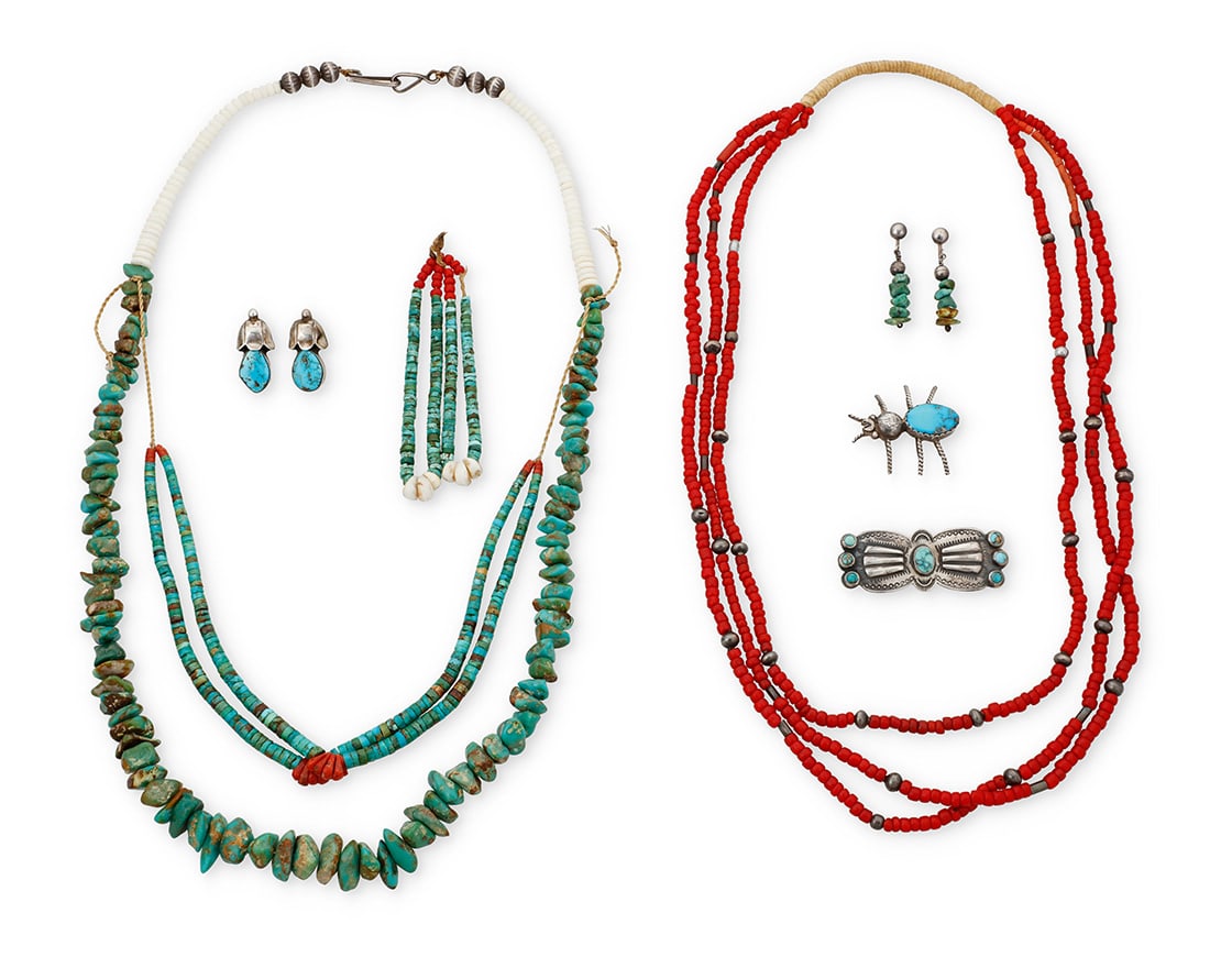 A group of Southwest jewelry: A group of Southwest jewelry Mid-20th century Variously marked for maker and/or for sterling: B [figure picto] / H [script] / D. Lucas Seven works comprising a chunky Pueblo graduated turquoise