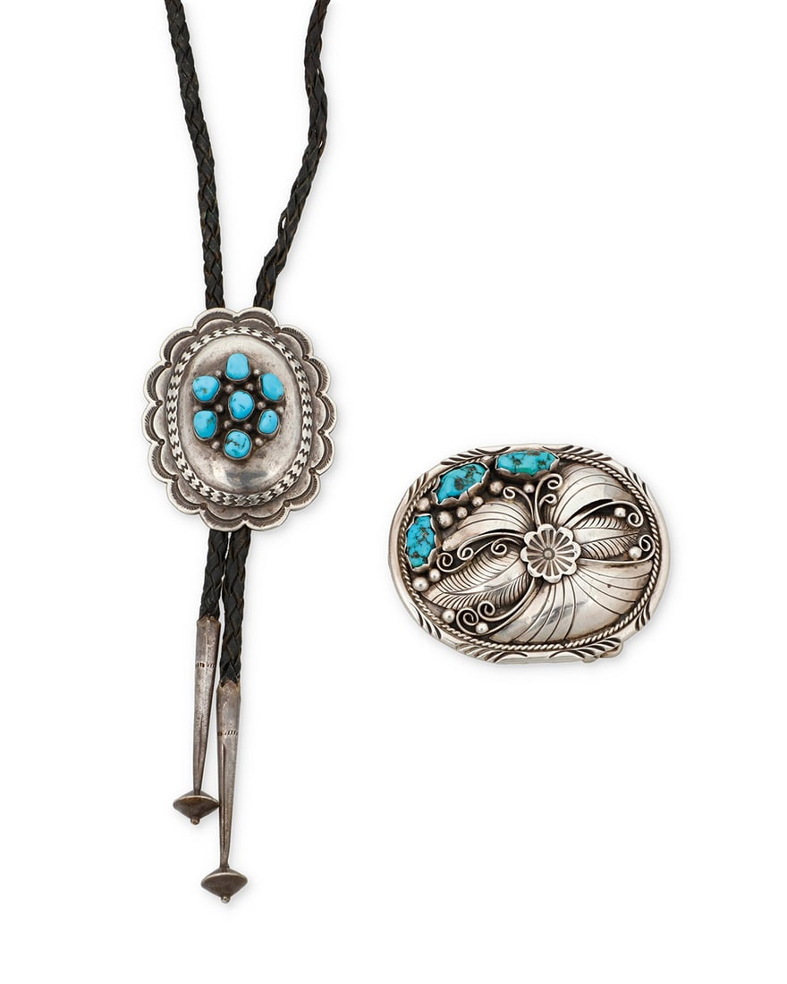A group of Southwest silver and turquoise jewelry: A group of Southwest silver and turquoise jewelry Mid/late 20th century Buckle stamped: DC / Sterling Two works comprising an oval concho-style bolo with central cluster set turquoise and stamped
