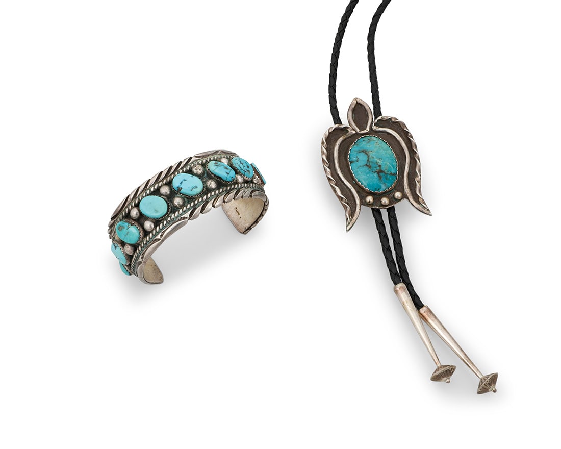 Two Southwest sterling silver and turquoise jewelry items: Two Southwest sterling silver and turquoise jewelry items Mid/late 20th century Each unmarked Comprising a chunky cuff with large row set turquoise and silver wire and silver ball accents and stamped